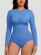 Wholesale Seamless Crew Neck Long Sleeve Tummy Control Snap Crotch Briefs Bodysuit SPU