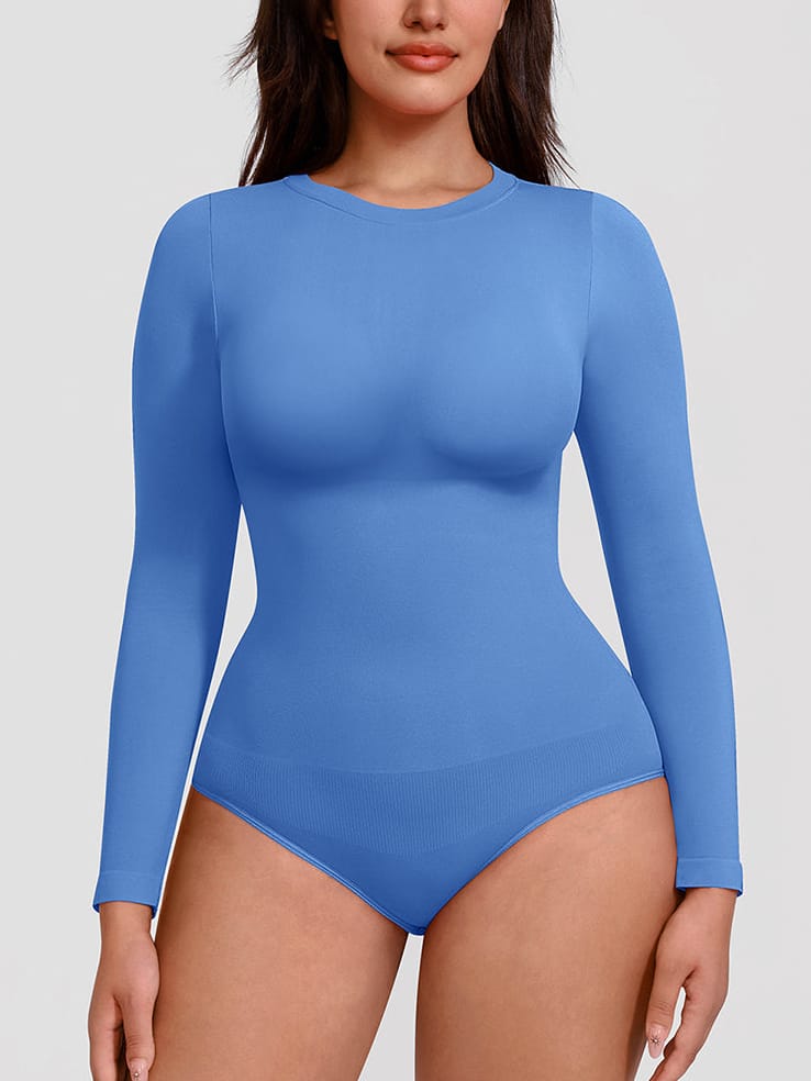 Wholesale Seamless Crew Neck Long Sleeve Tummy Control Snap Crotch Briefs Bodysuit SPU