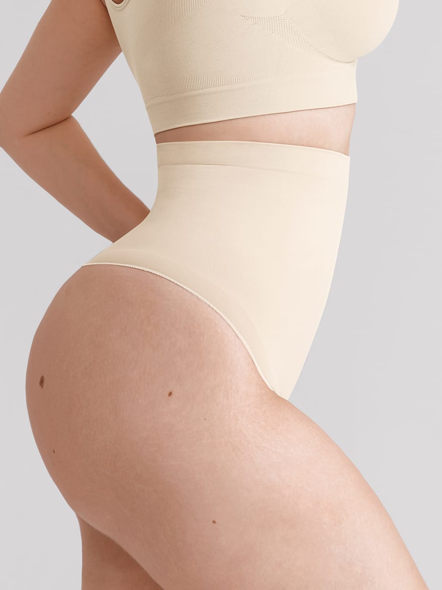 Wholesale High Waist Seamless Tummy Control Thong Shapewear with Anti-Roll Silicone SPU