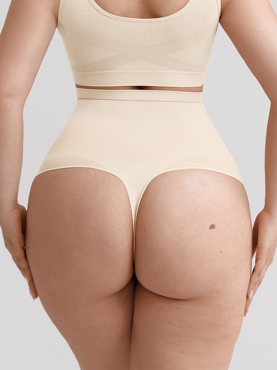Wholesale High Waist Seamless Tummy Control Thong Shapewear with Anti-Roll Silicone SPU