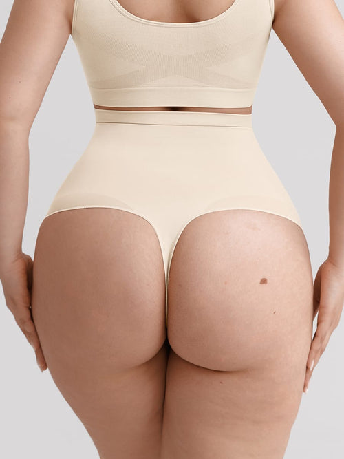 Wholesale High Waist Seamless Tummy Control Thong Shapewear with Anti-Roll Silicone SPU