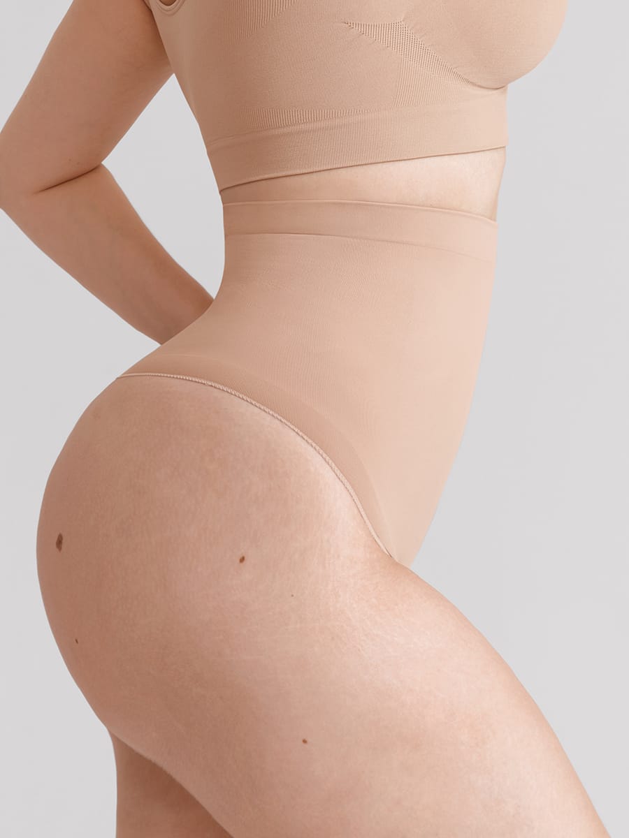 Wholesale High Waist Seamless Tummy Control Thong Shapewear with Anti-Roll Silicone SPU